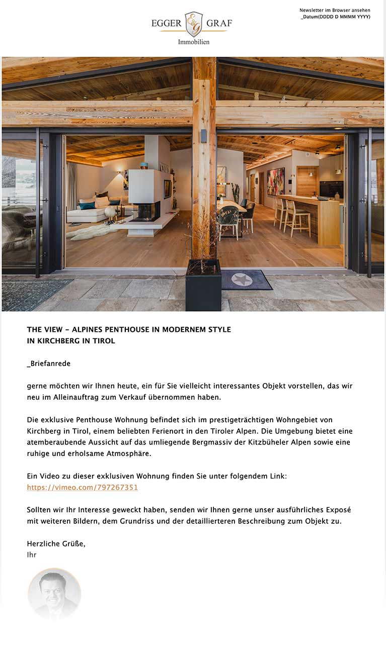 Immobilien Marketing Beispiele: Newsletter - Alpines Penthouse in modernem Stil