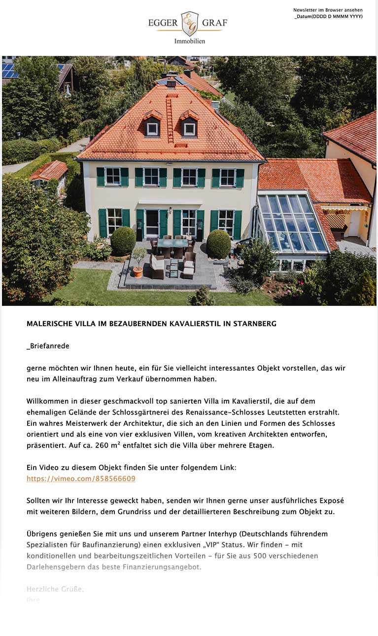 Immobilien Marketing Beispiele: Newsletter - Malerische Villa